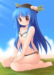 Rule 34 | 1girl, alternate costume, bikini, black hat, blue hair, blue sky, blush, closed mouth, cloud, commentary request, emurin, flat chest, frilled bikini, frills, full body, grass, hair between eyes, hat, hinanawi tenshi, leaf hat ornament, long hair, looking at viewer, peach hat ornament, red eyes, seiza, sitting, sky, smile, solo, swimsuit, toes, touhou, white bikini
