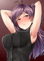 Rule 34 | 10s, 1girl, ahoge, alternate costume, armpits, arms behind head, arms up, blush, breasts, brown eyes, buttons, hagikaze (kancolle), highres, kamelie, kantai collection, large breasts, long hair, looking at viewer, purple hair, red background, side ponytail, solo, vest