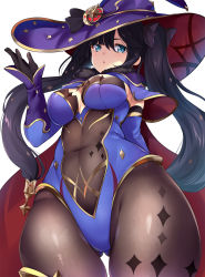 Rule 34 | 1girl, ass, black gloves, black hair, blue eyes, blue leotard, bodystocking, breasts, cape, cleavage, covered navel, fur collar, genshin impact, gloves, hat, highres, hinata sora, large breasts, leotard, long hair, looking at viewer, mona (genshin impact), simple background, solo, thighlet, thighs, twintails, white background, witch hat