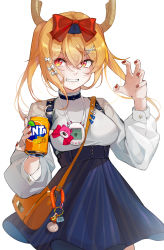 Rule 34 | 1girl, absurdres, alternate costume, bag, bow, breasts, can, chinese commentary, choker, claw pose, clothing request, commentary, dingzi, dragon girl, dragon horns, drink, drinking straw, fang, fanta, hair bow, hair ornament, hairclip, handbag, highres, holding, holding can, horns, kobayashi-san chi no maidragon, long hair, medium breasts, nail polish, orange eyes, orange hair, puffy sleeves, red bow, red nails, shirt, sidelocks, simple background, slit pupils, smile, solo, tohru (maidragon), twintails, white background