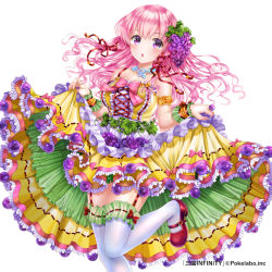 Rule 34 | 1girl, :o, armlet, bare shoulders, blush, bow, breasts, collarbone, company name, copyright name, dress, food, food-themed hair ornament, frilled dress, frills, fruit, garter straps, grape hair ornament, grapes, hair ornament, hair ribbon, jewelry, leg up, long hair, mary janes, moyon, necklace, official art, pink hair, purple eyes, ribbon, sangoku infinity, shoes, simple background, skirt hold, solo, thighhighs, white background, white thighhighs, yellow dress