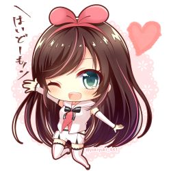 Rule 34 | 1girl, ;d, bare shoulders, blush, boots, brown hair, chibi, commentary request, detached sleeves, full body, green eyes, hair ribbon, hairband, heart, kizuna ai, kizuna ai inc., long hair, long sleeves, looking at viewer, multicolored hair, navel, one eye closed, open mouth, outstretched arms, pink hair, pink hairband, pink ribbon, ribbon, shirt, short shorts, shorts, sleeveless, sleeveless shirt, sleeves past wrists, smile, solo, streaked hair, teeth, thigh boots, thighhighs, translation request, twitter username, upper teeth only, very long hair, virtual youtuber, white background, white footwear, white shirt, white shorts, white thighhighs, yukiyuki 441