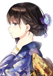 Rule 34 | 1girl, blue eyes, blue kimono, blush, bow, braid, brown hair, closed mouth, derori, floral print, flower, food, from side, fruit, hair flower, hair ornament, hand on own neck, hand up, highres, japanese clothes, kimono, large bow, long sleeves, original, pear, print kimono, profile, short hair, simple background, smile, solo, upper body, white background, wide sleeves, yellow bow