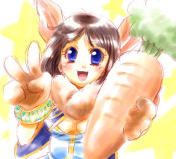 Rule 34 | 1girl, :d, animal ears, blue eyes, breasts, brown gloves, rabbit ears, carrot, chrono (series), chrono cross, food, fur trim, gloves, holding, holding food, janice, janice (chrono cross), lowres, open mouth, short hair, small breasts, smile, solo, upper body