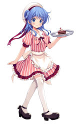 Rule 34 | 1girl, alternate costume, apron, black footwear, blue eyes, blue hair, cake, closed mouth, double bun, dress, food, frilled apron, frills, hair bun, hat, kantai collection, looking at viewer, mary janes, medium hair, odawara hakone, red dress, sailor hat, shoes, simple background, smile, solo, striped clothes, striped dress, thigh gap, thighhighs, tray, urakaze (kancolle), waist apron, waitress, white apron, white background, white hat, white thighhighs