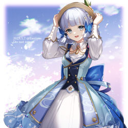 Rule 34 | 1girl, :d, amaichi esora, ayaka (genshin impact), back bow, blue eyes, blue sky, blunt bangs, blunt tresses, blurry, blurry background, border, bow, braid, breasts, brown hat, butterfly hair ornament, buttons, cloud, collar, dated, detached collar, dress, english text, flower, genshin impact, gold trim, grey hair, hair flower, hair ornament, hands on headwear, hands up, hat, highres, kamisato ayaka, kamisato ayaka (springbloom missive), long dress, long sleeves, mole, mole under eye, multicolored clothes, multicolored dress, neck tassel, official alternate costume, official alternate hairstyle, open mouth, puffy long sleeves, puffy sleeves, sky, small breasts, smile, solo, teeth, twitter username, upper teeth only, white border, white collar, white flower