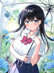 Rule 34 | 1girl, absurdres, black hair, blue eyes, blue flower, blue skirt, blush, bow, bowtie, breasts, closed mouth, collarbone, collared shirt, commentary request, cowboy shot, day, flower, highres, holding, holding umbrella, hydrangea, long hair, looking at viewer, medium breasts, nishizawa, original, outdoors, pink bow, pink bowtie, plant, pleated skirt, rain, school uniform, shirt, short sleeves, skirt, smile, solo, transparent, transparent umbrella, tree, umbrella, white shirt