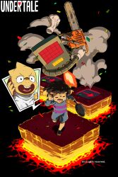 Rule 34 | 1girl, 1other, = =, absurdres, alphys, androgynous, arrow (symbol), black background, brown footwear, brown hair, cel shading, chainsaw, chasing, chef hat, child, closed eyes, confetti, copyright name, floating, frisk (undertale), from above, frying pan, full body, hat, highres, holding, holding chainsaw, holding frying pan, holding phone, kamezaemon, lava, open mouth, phone, robot, romper, running, shoes, short hair, simple background, smoke, spoken character, sweat, talking on phone, undertale, wide shot