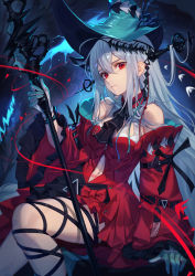 Rule 34 | 1girl, absurdres, arknights, baek hyang, bare shoulders, breasts, center opening, detached collar, dress, expressionless, frilled dress, frilled sleeves, frills, gloves, hand up, hat, head tilt, highres, holding, holding staff, leg strap, long hair, long sleeves, looking at viewer, medium breasts, navel, off-shoulder dress, off shoulder, parted lips, red dress, red eyes, silver hair, sitting, skadi (arknights), skadi the corrupting heart (arknights), solo, staff, staring, thigh strap, very long hair, wide sleeves