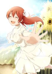 Rule 34 | absurdres, breasts, brown hair, commentary request, dress, emma verde, flower, happy, highres, large breasts, long hair, love live!, love live! nijigasaki high school idol club, outstretched arms, smile, sunflower, white dress, zasshoku ojisan