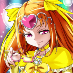 Rule 34 | 10s, 1girl, bow, brooch, capelet, choker, cure muse, cure muse (yellow), eyelashes, unworn eyewear, frills, glasses, hair ornament, hair ribbon, hajime (caramel toone), holding, holding removed eyewear, jewelry, light smile, long hair, magical girl, naughty face, orange hair, pink-framed eyewear, pink eyes, portrait, precure, ribbon, shirabe ako, solo, star (symbol), starry background, suite precure, upper body, yellow bow, yellow ribbon, yellow theme
