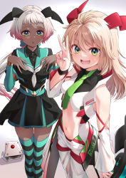Rule 34 | 2girls, :3, blonde hair, blush, breasts, character request, copyright request, dark-skinned female, dark skin, gradient hair, green eyes, green nails, green necktie, highres, large breasts, long hair, looking at viewer, multicolored hair, multiple girls, nail polish, navel, neckerchief, necktie, open mouth, pink hair, short hair, smile, teeth, thighhighs, tokunou shoutarou, upper teeth only, v, white hair, white neckerchief