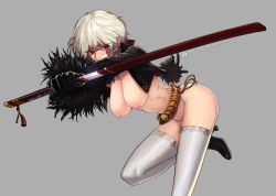 Rule 34 | 00s, 1girl, bad id, bad pixiv id, breasts, dungeon and fighter, female slayer (dungeon and fighter), hanging breasts, happening18, katana, large breasts, nipples, red eyes, short hair, solo, sword, thighhighs, warrior, weapon, white hair