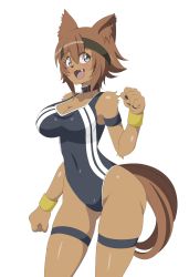 Rule 34 | 1girl, :3, absurdres, animal ears, bare legs, bare shoulders, blue eyes, blush, breasts, brown hair, curvy, fang, furry, hairband, happy, highres, large breasts, long hair, looking at viewer, lucyfer, monster girl, monster musume no iru nichijou, no humans, one-piece swimsuit, open mouth, polt, shiny skin, simple background, smile, swimsuit, tail, white background, yellow eyes