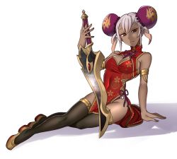 Rule 34 | 1girl, alternate costume, alternate hairstyle, armlet, breasts, china dress, chinese clothes, cleavage, commission, dark skin, dark-skinned female, dress, ebinku, female focus, fire emblem, fire emblem heroes, full body, gradient hair, highres, holding, holding sword, holding weapon, laevateinn (fire emblem), multicolored hair, nintendo, orange hair, pink hair, red eyes, simple background, sitting, solo, sword, thighhighs, weapon, white background