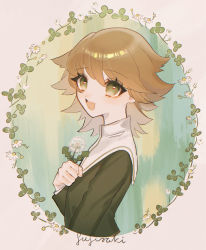 Rule 34 | 1boy, :d, brown hair, danganronpa: trigger happy havoc, danganronpa (series), flipped hair, flower, from side, fujisaki chihiro, green eyes, green jacket, highres, holding, holding flower, jacket, junajuna go, long sleeves, male focus, multicolored background, open mouth, short hair, smile, solo, teeth, trap, upper teeth only