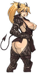Rule 34 | 1girl, :d, apron, ass, ass cutout, belt pouch, black apron, black gloves, black horns, blonde hair, breasts, chaps, cleavage, clothing cutout, commentary, cowboy shot, demon horns, demon tail, dorohedoro, from side, gloves, hair between eyes, highres, hood, hood down, horns, large breasts, long hair, looking at viewer, maniacpaint, naked apron, nikaidou (dorohedoro), nipples, open mouth, ponytail, pouch, red eyes, revealing clothes, shrug (clothing), smile, solo, tail