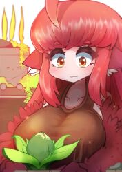 Rule 34 | 1girl, absurdres, ahoge, animal ears, bare shoulders, bird ears, blush, breasts, brown eyes, brown tank top, coco (eogks), feathered wings, feathers, harpy, highres, holding, holding plant, large breasts, long hair, monster girl, nn (eogks), original, plant, potted plant, red feathers, red hair, red wings, sidelocks, solo, tank top, winged arms, wings