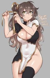 Rule 34 | 1girl, agawa ryou, ahoge, artist name, black dress, black thighhighs, breast cutout, breasts, brown hair, cleavage, closed mouth, commentary, covered navel, cowboy shot, dated, dress, english commentary, flipped hair, gold trim, gradient hair, grey background, groin, hair between eyes, hair ornament, hair ribbon, hands up, large breasts, light brown hair, long hair, looking at viewer, multicolored clothes, multicolored dress, multicolored hair, numbered, original, pelvic curtain, puffy short sleeves, puffy sleeves, ribbon, shiny skin, short eyebrows, short sleeves, side ponytail, sidelocks, simple background, single thighhigh, skindentation, solo, standing, straight hair, sweatdrop, thighhighs, two-tone hair, tying hair, very long hair, wavy mouth, white dress, yellow eyes, yellow ribbon