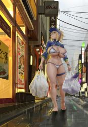 Rule 34 | 1girl, ahoge, artoria pendragon (fate), bag, barefoot, baseball cap, beer can, bikini, blonde hair, blue eyes, blue hat, blue jacket, breasts, can, cleavage, cropped jacket, drink can, eggplant, eu03, fate/grand order, fate (series), feet, groceries, grocery bag, hair between eyes, hair through headwear, hat, highres, huge breasts, jacket, legs, long hair, long sleeves, looking up, mysterious heroine x (fate), mysterious heroine xx (fate), navel, outdoors, ponytail, rain, revision, shopping bag, shrug (clothing), sidelocks, solo, standing, swimsuit, thick thighs, thigh strap, thighs, wet, white bikini, wristband