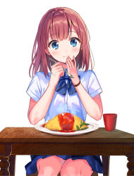 Rule 34 | 1girl, blue bow, blue bowtie, blue eyes, blue skirt, blush, bow, bowtie, buttons, closed mouth, collared shirt, commentary request, cup, dress shirt, food, hanekoto, highres, holding, holding spoon, looking at viewer, miniskirt, omelet, omurice, original, plate, red hair, shirt, short hair, short sleeves, simple background, sitting, skirt, solo, spoon, striped bow, striped bowtie, striped clothes, striped neckwear, table, white background, white shirt, wristband