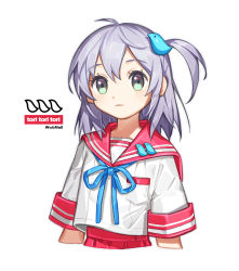 Rule 34 | 1girl, ahoge, arms at sides, bad id, bad pixiv id, blue ribbon, blush, commentary request, cropped torso, green eyes, hair between eyes, hair ornament, highres, long hair, looking at viewer, neck ribbon, one side up, original, parted lips, pleated skirt, red sailor collar, red skirt, ribbon, sailor collar, school uniform, serafuku, shirt, short sleeves, silver hair, simple background, skirt, solo, white background, white shirt, yai (hachihito)