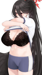 Rule 34 | 1girl, black bra, black wings, blue archive, blue shorts, blush, bra, breasts, cleavage, closed mouth, clothes lift, commentary, cowboy shot, crossed arms, crotch seam, expressionless, eyes visible through hair, gym shorts, gym uniform, hair between eyes, halo, hasumi (blue archive), hasumi (track) (blue archive), highres, lace, lace bra, large breasts, lifted by self, long hair, low wings, mole, mole under eye, momoiro lettuce, navel, official alternate costume, ponytail, red eyes, red halo, redrawn, shirt, shirt lift, short shorts, shorts, simple background, solo, standing, steaming body, stomach, sweat, t-shirt, underwear, undressing, very long hair, white background, white shirt, wings