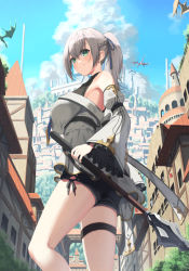 Rule 34 | 1girl, arm strap, armpits, bare shoulders, black shorts, blue ribbon, blue sky, bowsan, braid, breasts, building, city, cloud, cloudy sky, cross-laced clothes, cross-laced shorts, day, detached sleeves, dragon, frilled sleeves, frills, from side, green eyes, grey hair, highres, holding, holding weapon, hololive, laces, large breasts, long hair, looking to the side, outdoors, ponytail, puffy sleeves, ribbon, shirogane noel, shirogane noel (5th costume), short shorts, shorts, sidelocks, skindentation, sky, smile, solo, standing, thigh strap, thighs, virtual youtuber, weapon, wide sleeves