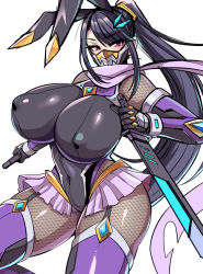 Rule 34 | 1girl, animal ears, breasts, covered erect nipples, fishnets, huge breasts, impossible clothes, mask, nishida megane, ponytail, skirt, solo, sword, tagme, thighhighs, weapon