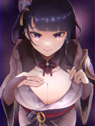 Rule 34 | 1girl, armor, breasts, bridal gauntlets, cleavage, closed mouth, commentary request, flower, from above, genshin impact, hair ornament, hand on own chest, highres, japanese clothes, kimono, large breasts, light particles, long hair, long sleeves, looking at viewer, mole, mole under eye, obi, obiage, obijime, purple eyes, purple flower, purple hair, raiden shogun, ribbon, sash, shoulder armor, simple background, smile, solo, tassel, wide sleeves, zr04