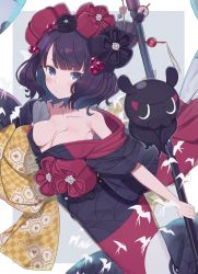 Rule 34 | 1girl, animal, bare shoulders, black hair, black kimono, blue eyes, blush, breasts, calligraphy brush, closed mouth, collarbone, commentary request, fate/grand order, fate (series), floral print, grey background, hair ornament, highres, holding, holding paintbrush, japanese clothes, katsushika hokusai (fate), kimono, looking at viewer, medium breasts, obi, octopus, off shoulder, oversized object, paintbrush, sash, solo, tokitarou (fate), totatokeke, two-tone background, white background