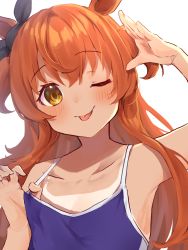 Rule 34 | 1girl, ant m22, armpits, breasts, cleavage, collarbone, commentary request, highres, looking at viewer, mayano top gun (umamusume), one eye closed, orange eyes, orange hair, portrait, salute, school swimsuit, simple background, small breasts, solo, swimsuit, tan, tanline, tongue, tongue out, umamusume, white background