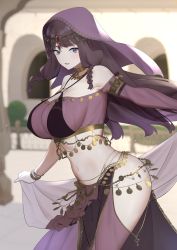 Rule 34 | 1girl, bare shoulders, black hair, breasts, brown hair, circlet, cleavage, commentary, dancer, highres, large breasts, light smile, long hair, looking at viewer, midriff, navel, open mouth, original, purple eyes, remomon0, see-through, see-through cleavage, shoutao, thick thighs, thighs