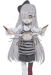 Rule 34 | 1girl, :3, @ @, absurdres, animal, animal collar, animal hands, bandaged leg, bandages, black bow, black shorts, blunt bangs, blush, body fur, bow, camisole, claws, collar, crab, fangs, feet out of frame, flat chest, furrowed brow, grey hair, hair bow, hair ornament, hair over one eye, hairclip, highres, holding, holding animal, looking at viewer, one eye covered, open mouth, original, oyasu miyo (vreparty), scar, scar on chest, shorts, simple background, single thighhigh, skin fangs, solo, standing, stitches, striped camisole, striped clothes, striped thighhighs, thighhighs, vreparty, white background, white fur, yellow eyes