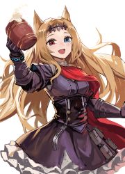 Rule 34 | 1girl, :d, alcohol, animal ears, archetto (arknights), arknights, arm up, beer, black dress, black gloves, blonde hair, blue eyes, blush, breasts, cape, corset, cowboy shot, cup, dress, elbow gloves, epaulettes, fang, frilled dress, frills, gloves, gomashiwo o, heterochromia, highres, holding, holding cup, long hair, looking at viewer, medium breasts, open mouth, red cape, red eyes, simple background, skin fang, smile, solo, tiara, very long hair, white background