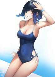 Rule 34 | 1girl, absurdres, alternate costume, arm support, arm up, asymmetrical hair, bare arms, blue hair, blue one-piece swimsuit, blunt bangs, blush, breasts, cleavage, collarbone, cowboy shot, diagonal bangs, earrings, genshin impact, green eyes, grin, hair over one eye, hand on own head, highres, jewelry, leaning back, looking at viewer, medium breasts, mole, mole on breast, one-piece swimsuit, one eye closed, revision, school swimsuit, short hair, sitting, smile, solo, sora (men0105), spaghetti strap, swimsuit, teeth, thighs, wristband, yelan (genshin impact)