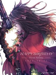Rule 34 | 1boy, black gloves, black hair, character name, cloak, closed eyes, dated, facing to the side, final fantasy, final fantasy vii, gloves, gun, hair between eyes, happy birthday, headband, highres, holding, holding gun, holding weapon, long hair, male focus, profile, red cloak, red headband, solo, torn clothes, twitter username, upper body, vincent valentine, warori anne, weapon, white background