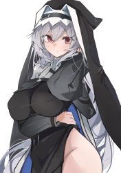 Rule 34 | 1girl, arknights, belt, blush, breasts, commentary, dress, eyelashes, eyes visible through hair, groin, highres, large breasts, looking at viewer, mikozin, nun, red eyes, silver hair, simple background, solo, specter (arknights), symbol-only commentary, tight clothes, tight dress, white background