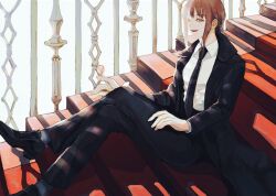 Rule 34 | 1girl, black jacket, black necktie, black pants, chainsaw man, crossed legs, formal, highres, jacket, light rays, looking at viewer, makima (chainsaw man), medium hair, necktie, open mouth, pants, red hair, ringed eyes, sensui n2, sidelocks, sitting, sitting on stairs, smile, solo, stairs, suit, yellow eyes