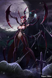 Rule 34 | bats, black gloves, black lips, breasts, claws, cleavage, elise (league of legends), gloves, highres, arthropod girl, large breasts, moon, mummification, navel, pubic tattoo, red eyes, red hair, silk, solo, spider girl, spider web, tattoo, watermark
