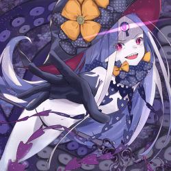 Rule 34 | 1girl, abigail williams (fate), abigail williams (third ascension) (fate), akaneko ken, bare shoulders, black bow, black hat, black panties, bow, breasts, colored skin, fate/grand order, fate (series), forehead, glowing, glowing eye, hat, keyhole, long hair, multiple bows, navel, open mouth, orange bow, outstretched arm, panties, parted bangs, pink eyes, revealing clothes, sharp teeth, skull print, small breasts, smile, solo, staff, star (symbol), star print, teeth, tentacles, thighs, third eye, underwear, white hair, white skin, witch hat