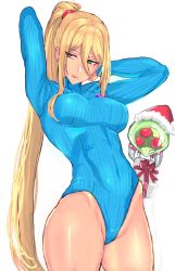 Rule 34 | 1girl, arms behind head, arms up, blonde hair, blue leotard, box, breasts, closed mouth, commentary request, covered navel, floating, gift, gift box, green eyes, hat, heattech leotard, highleg, highleg leotard, highres, leotard, lips, long hair, long sleeves, medium breasts, metroid, metroid (creature), mole, mole under mouth, nintendo, panzer (p.z), ponytail, ribbed leotard, samus aran, santa hat, sidelocks, simple background, smile, turtleneck, white background