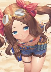 Rule 34 | 1girl, arms behind back, bikini, bikini top only, blue eyes, blue shorts, blush, breasts, brown hair, collarbone, fate/grand order, fate (series), forehead, goggles, hair ribbon, highres, jewelry, leaning forward, leonardo da vinci (fate), leonardo da vinci (ruler) (fate), leonardo da vinci (swimsuit ruler) (fate), long hair, looking at viewer, necklace, parted bangs, puffy short sleeves, puffy sleeves, ranma (kamenrideroz), red bikini, red ribbon, ribbon, short shorts, short sleeves, shorts, shrug (clothing), sidelocks, small breasts, smile, solo, swimsuit, thighs, twintails