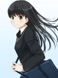 1girl amagami ayatsuji_tsukasa bag black_bow black_bowtie black_eyes black_hair black_jacket black_sailor_collar blazer blue_background blush bow bowtie closed_mouth from_side gradient_background highres holding holding_bag jacket kibito_high_school_uniform long_hair long_sleeves looking_at_viewer sailor_collar school_bag school_uniform shoulder_bag solo straight_hair takenoko_saba_otto winter_uniform