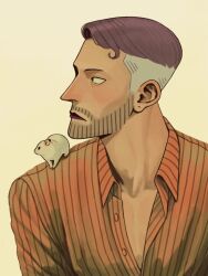 Rule 34 | 1boy, center opening, collared shirt, facial hair, highres, iceburg, jakkenpoy, looking to the side, male focus, mouse (animal), one piece, orange shirt, pectoral cleavage, pectorals, profile, purple hair, shirt, simple background, solo, striped clothes, striped shirt, upper body, white background