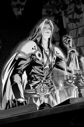 Rule 34 | 1boy, arm up, armor, belt, book, bookshelf, candlelight, chest strap, coat, commentary request, evil smile, final fantasy, final fantasy vii, final fantasy vii rebirth, final fantasy vii remake, gloves, greyscale, highres, indoors, long hair, long sleeves, male focus, monochrome, parted bangs, parted lips, popped collar, sephiroth, shoulder armor, smile, solo, very long hair, yan river