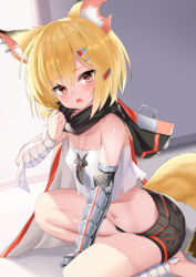 Rule 34 | 1girl, animal ear fluff, animal ears, arknights, bandaged arm, bandaged leg, bandages, bare shoulders, barefoot, between legs, black shorts, blonde hair, commentary, ehart, fox ears, fox girl, fox tail, gauntlets, hair between eyes, hair ornament, hairclip, hand between legs, hand up, looking at viewer, navel, notched ear, open mouth, red eyes, shirt, short shorts, shorts, single gauntlet, solo, strapless, strapless shirt, symbol-only commentary, tail, vermeil (arknights), white shirt
