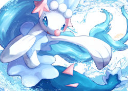 Rule 34 | blue eyes, commentary request, creatures (company), game freak, gen 7 pokemon, highres, nintendo, no humans, open mouth, outstretched arm, pokemon, pokemon (creature), primarina, smile, solo, tanpakuroom, water, water drop