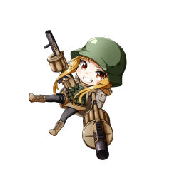 Rule 34 | 1girl, black pantyhose, blonde hair, blush, boots, brown eyes, brown footwear, brown gloves, brown jacket, brown shorts, chibi, commentary request, cross-laced footwear, dual wielding, dutch angle, female focus, fukaziroh (sao), full body, gloves, grenade launcher, grin, helmet, hidariko (sao), highres, holding, holding weapon, jacket, kuena, lace-up boots, long hair, long sleeves, looking at viewer, migita (sao), milkor mgl, pantyhose, revolver grenade launcher, short shorts, shorts, simple background, smile, solo, sword art online, sword art online alternative: gun gale online, teeth, tsurime, v-shaped eyebrows, weapon, white background