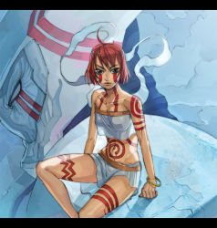 Rule 34 | 1990s (style), 1girl, ahoge, bodypaint, bracelet, jewelry, letterboxed, looking at viewer, lycra (artist), midriff, neo ranga, neo ranga (character), red eyes, red hair, retro artstyle, shimabara ushio, short hair, tribal
